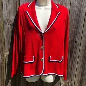 Exclusively Misook Button Cardigan Small Jacket Red Long Sleeve Top Black White